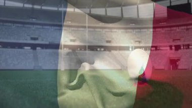 Meksika bayrağı boş bir spor sahasında, canlı bir animasyon sahnesi yaratıyor. Vatanseverlik, kutlama, festival, kültür, ulusal etkinlik