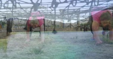 Ağların altında sürünen, dışarıda engelli koşu parkuru animasyonu yapan biri. Macera, açık hava, rekabet, fitness, takım çalışması, çeviklik