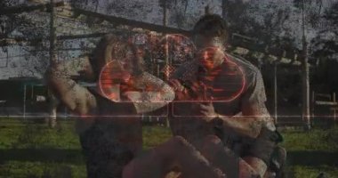 Açık havada egzersiz yapmak, dijital veri animasyonu olan insanlar aktif kalmak. Fitness, teknoloji, sağlık, egzersiz, aktivite, yaşam tarzı