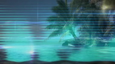 Mavi çizgili desen tropik plaj sahnesini palmiye ağaçlarıyla örtüyor. Yaz, tatil, sahil, sahil, tatil, dalgalar