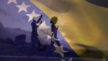 Ateşli dans gösterisi, Bosna-Hersek 'in önündeki insanlar animasyonda bayrak sallıyor. Performans, yangın gösterisi, ulusal, kutlama, eğlence, kültür