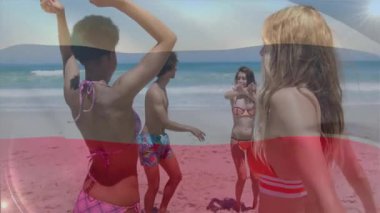 Güneşli bir günde plajda genç yetişkinlerin bayrağını canlandırmak. Tatil, yaz, gençlik, sahil, özgürlük, açık hava