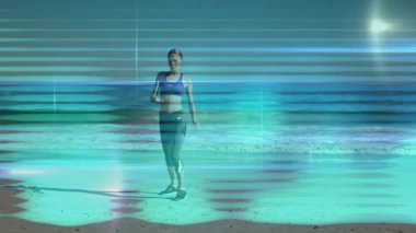 Sahilde egzersiz yapan, okyanus arka planında mavi ışık animasyonu olan bir kadın. Fitness, egzersiz, deniz kenarı, sağlık, teknoloji, hologram