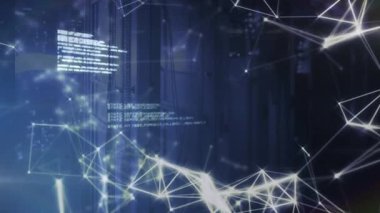 Koyu mavi arkaplan üzerinde dijital kod ve ağ bağlantıları. Teknoloji, veri, internet, siber, geleceksel, sanal