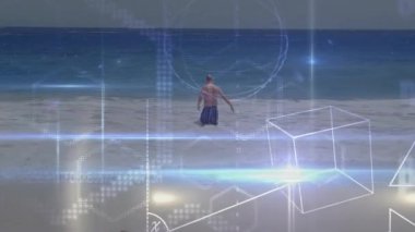 Sahilde duran, matematiksel formüllerin ve geometrik şekillerin animasyonuna sahip bir adam. Matematik, geometri, hesaplama, denklemler, bilim, öğrenme