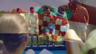 Hırvat bayrağı örtülü havuz başı animasyonu, insanların yüzmesi ve rahatlaması. Tatil, tatil, tatil, dinlenme, güneşlenme.