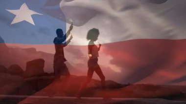 Havai fişeklerle dans etmek, Şili bayrağı ve kayalık arazide animasyon yapan kişi. Kutlama, vatanseverlik, kayalar, dans, havai fişekler