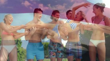 Kadını dışarı çıkarmak, mayo giymiş bir grup arkadaş animasyonla kutlama yapıyor. Parti, kutlama, yaz, toplanma, şenlik, neşe