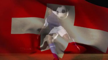 Futbol oynuyor, arka planda İsviçre bayrağı animasyonuyla top oynuyor. Futbol, spor, yarışma, İsviçre, takım çalışması, aksiyon