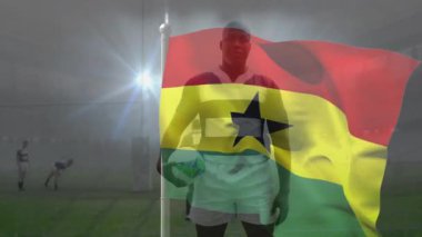 Ragbi topu, Gana bayrağı animasyonu sis sahasında. Spor, atlet, yarışma, takım çalışması, dinamik