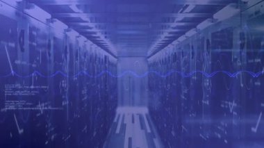 Veri işleme animasyonu mavi ışıklandırmalı gelecekteki sunucu odasında yapılıyor. Teknoloji, ağ, altyapı, dijital, bilgi, siber