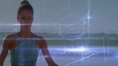 Geometrik şekiller ve denklemlerle sahilde meditasyon yapan bir kadın. Meditasyon, farkındalık, rahatlama, maneviyat, sükunet, görselleştirme