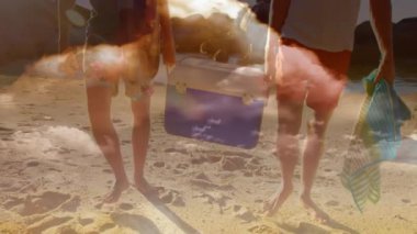 Bulutlar ve gökyüzü animasyonlarıyla kaplı soğutucu ve plaj malzemeleri taşıyan insanlar. Tatil, yaz, tatil, seyahat, dinlenme, açık hava.