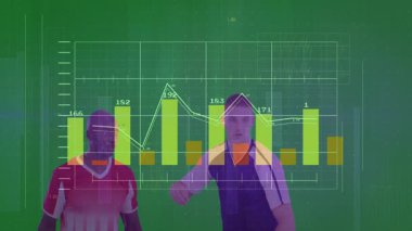 Spor verilerini analiz ediyorum. Animasyon ve yeşil arkaplanda grafikleri olan iki sporcu. analiz, veri görselleştirme, teknoloji, istatistik