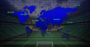 Futbol stadyumunun arka planında veri noktaları ve çizgiler olan dünya haritasının animasyonu. Genel, ağ, teknoloji, bağlantı, spor