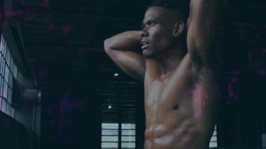 Spor salonunda dinleniyor, elleri başının üstünde terli bir adam, animasyon sahnesi. Fitness, egzersiz, egzersiz, tükenmiş, dijital, grafik