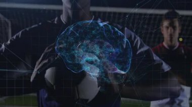 Futbol topunu sahada tutan atletlerin dijital beyin animasyonu. Teknoloji, spor, yenilik, takım çalışması, bağlantı, sanal
