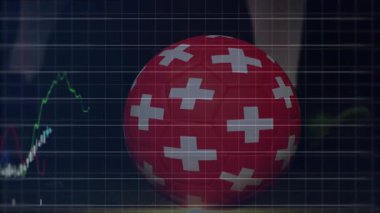 Okul ortamında finans grafiği olan top üzerinde İsviçre bayrağı animasyonu. Maliye, eğitim, analitik, ekonomi, para birimi, veri