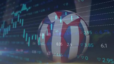 Finansal verileri ve grafikleri dinamik animasyonlarla örtüşen futbol topu. Maliye, ekonomi, analitik, istatistik, büyüme, yatırım