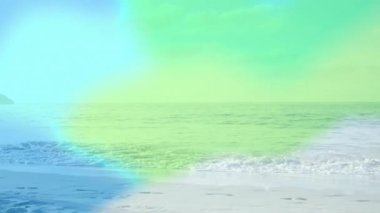 Sahilde neşeyle koşan, renkli animasyonlarla çevrili biri. Okyanus, deniz kıyısı, canlı, yaz, özgürlük, mutluluk