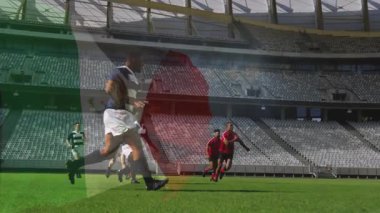 Stadyumda, ragbi oyuncuları sahada Meksika bayrağı animasyonuyla mücadele ediyorlar. Spor, rekabet, takım çalışması, ulusal, sporcular