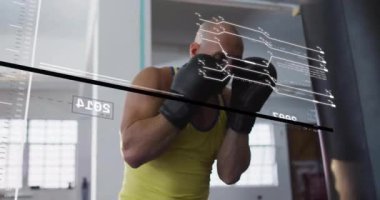 Sarı kolsuz tişörtlü kel boksör dijital verilerle animasyonu örtüyor. atlet, fitness, teknoloji, egzersiz, eğitim, egzersiz