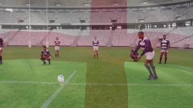 Stadyumda, ragbi oyuncuları sahada arka planda animasyonla mücadele ediyorlar. Spor, takım çalışması, rekabet, sporcular, aksiyon, enerji