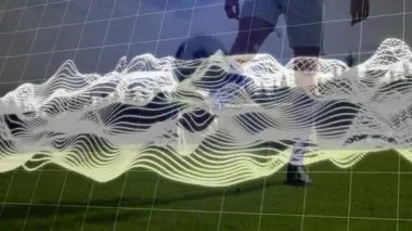Futbol topu hokkabazlığı, dijital dalga animasyonu olan oyuncu sahada. Futbol, atlet, teknoloji, spor, hareket, performans