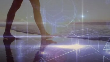 Geometrik şekiller ve denklemler okyanus sularında yürüyen insan üzerinde bir animasyon. Matematik, geometri, soyut, sürrealite, yaratıcılık