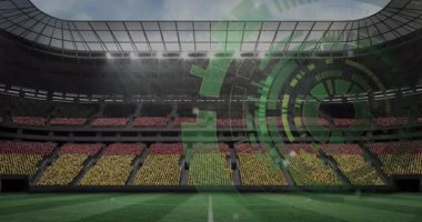 Boş futbol stadyumunun üzerinde renkli koltukları olan yeşil dijital arayüz animasyonu. spor, teknoloji
