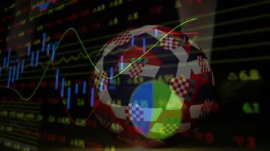 Kareli desenli futbol topu borsa grafiklerinin animasyonunu örtüyor. Finans, spor, yatırım, teknoloji, eğilimler, analiz