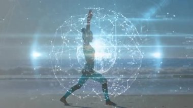 Sahilde yoga yapan kişi dijital ağ animasyonu ile örtüşüyor. Farkındalık, teknoloji, meditasyon, sağlık, dinginlik, sükunet