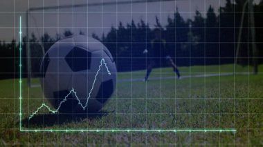 Veri grafiği animasyonu sahneyi kaplayan futbol topu sahada. Spor, analitik, teknoloji, istatistik, dijital, strateji