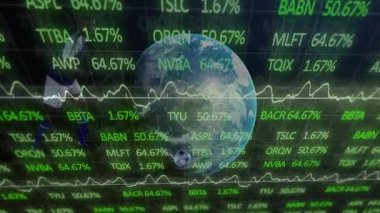Dünya, değişen borsa verileri ve grafik animasyonlarıyla çevrili. Küresel, finans, ekonomi, ticaret, analitik, yatırım