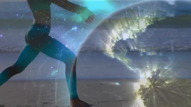 Yoga, kozmik animasyonla okyanusun kenarında, göksel elementleri kaplayan bir poz. Meditasyon, sükunet, maneviyat, sağIık, farkındalık, ruhani