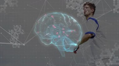 Ağ bağlantıları olan dijital beyin animasyonu, futbol topunu tekmeleyen kişi. Yapay zeka, teknoloji, yenilik, sinirsel ağ, futbol, spor