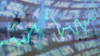 Maç sırasında sahadaki futbolcularla ilgili finansal veri grafiği canlandırılıyor. Finans, spor, teknoloji, analitik, hareket grafikleri, kaplama