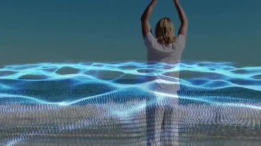 Dijital dalga ve ikili kod animasyonu ile yoga yapan kişi. Meditasyon, teknoloji, veri, sanal, fitness, fütürist