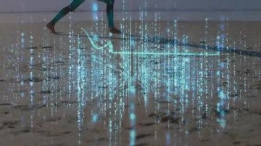 Sahilde koşan kişinin dijital anahtarı ve veri animasyonu. Teknoloji, görselleştirme, güvenlik, zindelik, hareket, sahil kenarı