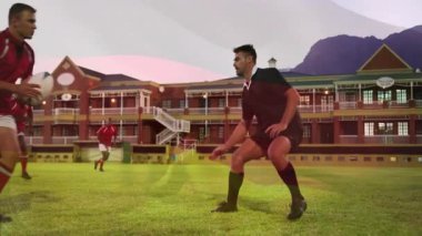 Sahada rugby oynamak, arka planda dağları olan atletler, animasyon yaratmak. Spor, takım çalışması, atletizm, rekabet, açık hava, egzersiz