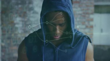 Animasyonda, sporcu yüzünde dijital veri örtüsü olan mavi bir kapüşonlu giyiyor. spor, teknoloji, gelecek, yapay zeka, yenilik, sanal