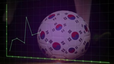 Dalgalanan veri grafik animasyonunun arkasında Güney Kore bayrakları olan futbol topu. Futbol, analitik, analiz, dalgalanma