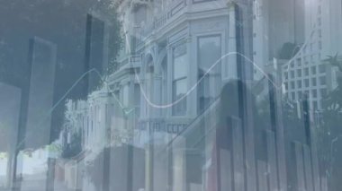 Konut caddesinde ağaçlar ve binalarla grafik animasyonu. Kentsel, teknoloji, veri, büyüme, ekonomi, fütüristik