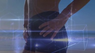 Sahilde geometrik şekilleri ve denklemleri olan atletik bir insan animasyonu örtüyor. Fitness, matematik, geometri, hesaplama, atlet, soyut