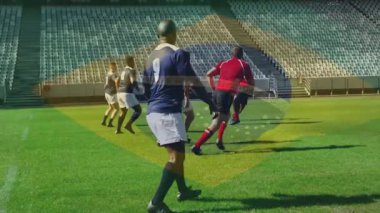 Sahada, ragbi oyuncuları Brezilya bayrağının animasyonuyla yarışıyorlar. Spor, rekabet, sporcular, takım, oyun, enerji