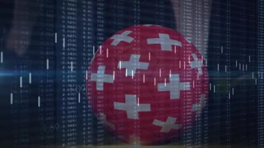 Dijital finansal grafikleri kaplayan beyaz haçlı kırmızı kürenin animasyonu. Finans, teknoloji, yenilik, veri, ekonomi, grafikler