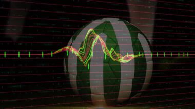 Koyu arkaplanda dalgalanan veri çizgilerinin canlandırıldığı yeşil ve beyaz bir küre. gelecek, teknoloji, dijital, soyut, ağ, görselleştirme