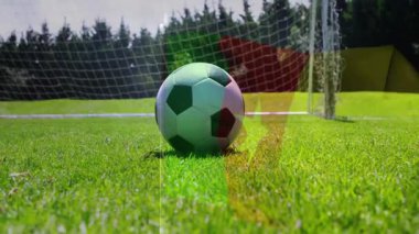 Futbol topunu tekmelemek, animasyon arka planında Kamerun bayrağıyla sahada oyuncu olmak. Futbol, spor, atlet, yarışma, ulusal, takım çalışması