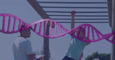 DNA ipliği animasyon örtüsüyle maymun parmaklıklarında oynayan çocuk. Çocukluk, oyun alanı, genetik, sağlık, bilim, eğitim