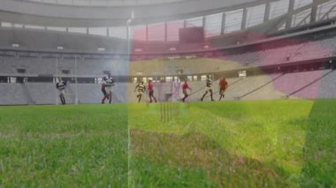 Sahada koşan rugby oyuncuları stadyum maçında animasyon örtüşüyor. Spor, rekabet, takım çalışması, sporcular, maç, dinamik